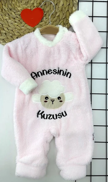 3-6-9-12 Ay Kuzu Tüylü Kumaş Annesinin Kuzusu Nakışlı Alttan Çıtçıtlı Kız Erkek Bebek Tulumu ürün görseli 1