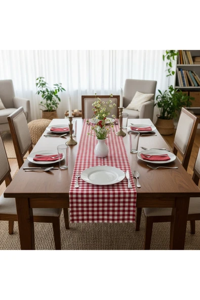 Kırmızı Beyaz Pötikare Runner Masa Örtüsü 35x200 cm ürün görseli 1