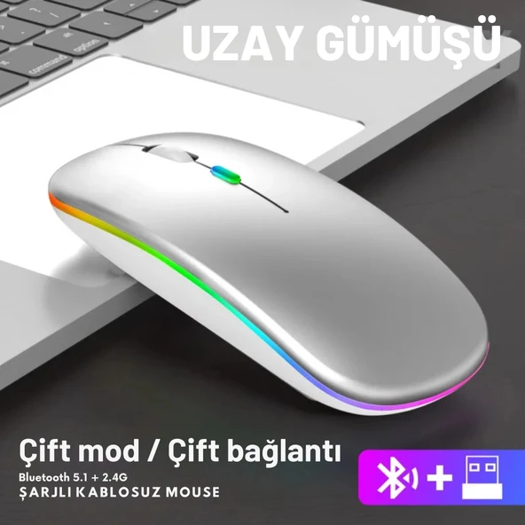Shopy Tech Çift Mod Kablosuz Mouse Bluetooth 5.2 + 2.4G Şarjlı Sessiz Tıklama RGB Işıklı (500 mAh)GÜMÜŞ ürün görseli 1