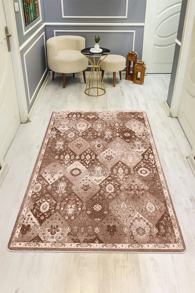 Parlak Kadife Kumaş VINTAGE Dijital Baskı Dot Kaymaz Tabanlı Halı H1065 RENKLİ 80 X 200 ürün görseli 1
