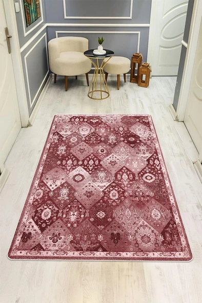 Parlak Kadife Kumaş VINTAGE Dijital Baskı Dot Kaymaz Tabanlı Halı H1063 RENKLİ 200 X 300 ürün görseli 1