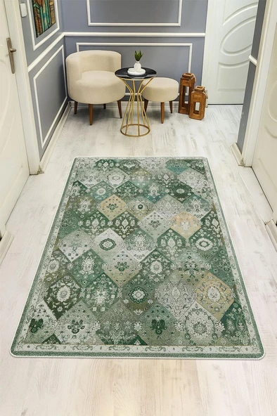 Parlak Kadife Kumaş VINTAGE Dijital Baskı Dot Kaymaz Tabanlı Halı H1062 RENKLİ 120 X 180 ürün görseli 1