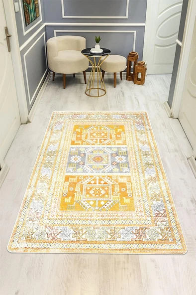Parlak Kadife Kumaş Dijital Baskı Vintage Desenli Dot Kaymaz Tabanlı Halı H1133 RENKLİ 120 X 180 ürün görseli 1