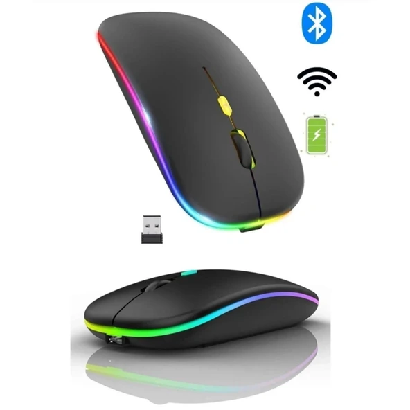 ShopyTech Çift Mod Kablosuz Mouse Bluetooth 5.2 + 2.4G Şarjlı Sessiz Tıklama RGB Işıklı (500 mAh)SİYAH ürün görseli 1