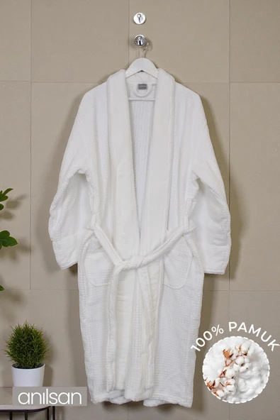 Şalyaka Kadife Biyeli Waffle Otel Bornozu %100 Pamuk Unisex, Spa İçin İdeal  Kadın/Erkek ürün görseli 1