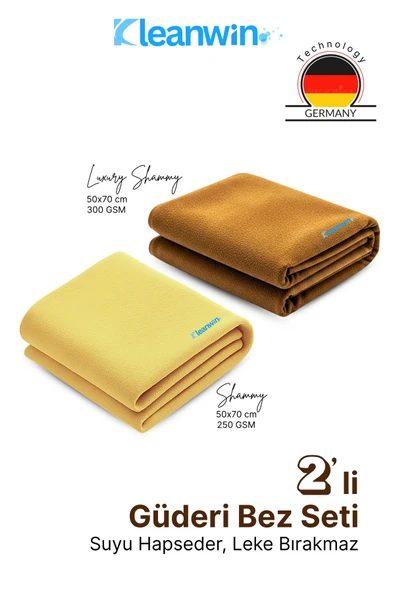 Kleanwin 2’li Premium Shammy Güderi Kurulama Bezi Seti 50x70 cm | Ultra Emici Araba Kurulama + Cam Bezi ürün görseli 1