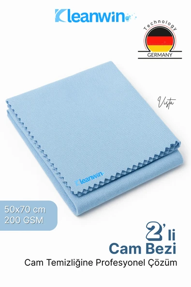 Kleanwin Vista 2’li Mikrofiber Cam Bezi Seti 50x70 cm, 200 GSM | Açık Mavi Renk Araç ve Ev Cam Temizlik Bezi ürün görseli 1