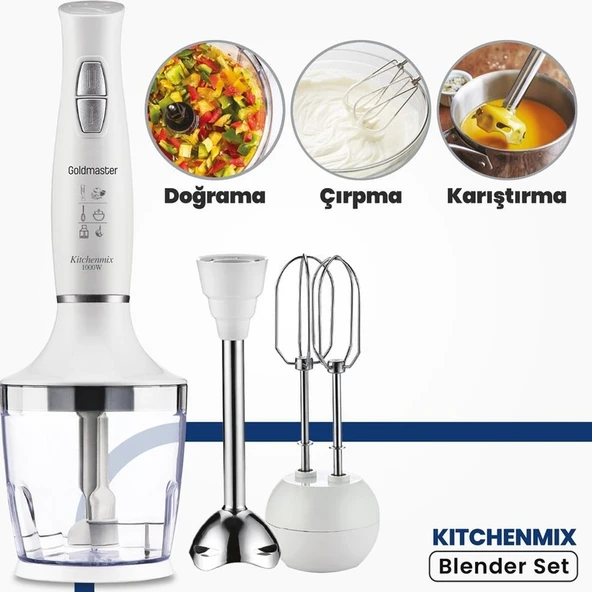 Goldmaster Kitchenmix 1000W Güçlü Motor Turbo Hız Ayarlı 3 In 1 Blender Set Beyaz IN6140 ürün görseli 1