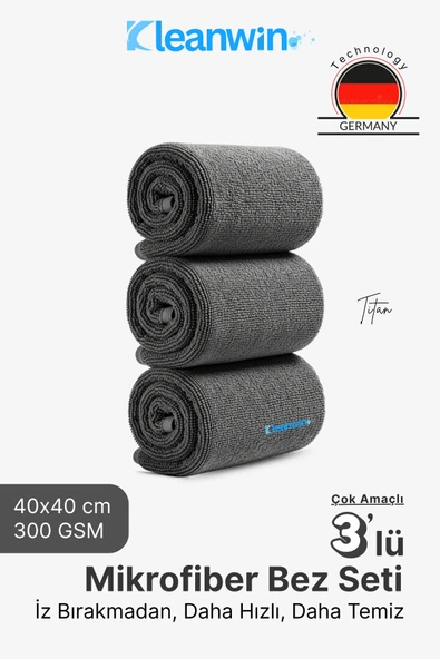Kleanwin Titan 3’lü Mikrofiber Bez Seti 40x40 cm | 300 GSM | Oto Yıkama Kurulama Bezi, Leke Bırakmaz Cam Bezi ürün görseli 1