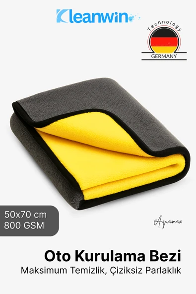 Kleanwin Aquamax Mikrofiber Oto Kurulama Havlusu 50x70 cm, 800 GSM | Emici Araç Yıkama ve Cam Temizlik Bezi ürün görseli 1