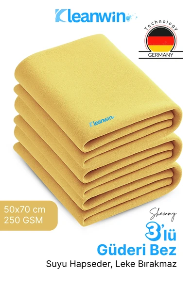 Kleanwin Shammy 3’lü Set Gold Güderi Bez | 50x70 cm | 240 GSM | Oto Kurulama Bezi, Emici Araç ve Ev Bezi ürün görseli 1