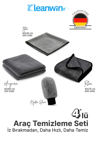 Kleanwin 4’lü Mikrofiber Oto Yıkama ve Kurulama Seti – Araç İç ve Dış Temizlik Bezleri ve Oto Yıkama Eldiveni ürün görseli 1