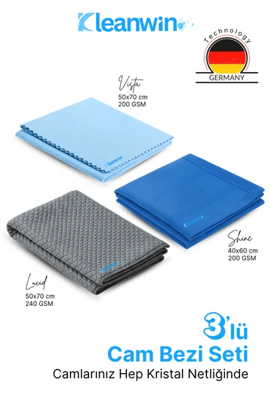 Kleanwin 3’lü Mikrofiber Cam Bezi Seti | Sihirli Cam Bezi + Araba Cam Bezi + İz Bırakmayan Cam Temizlik Bezi ürün görseli 1