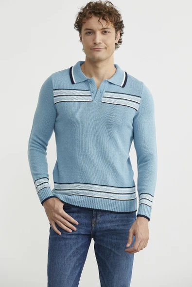 Polo Yaka Kilim Motifli Triko Kazak - Açık Mavi ürün görseli 1