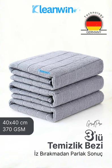 Kleanwin GridPro 3’lü Mikrofiber Mutfak Bezi 40x40 cm – Çok Amaçlı İz Bırakmayan Temizlik Bezi ürün görseli 1
