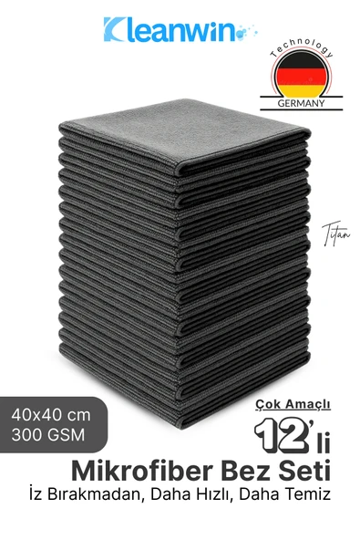Kleanwin 12’li Titan Mikrofiber Bez Seti 40x40 cm 300 GSM | Leke Bırakmaz Çok Amaçlı Temizlik Bezi Seti ürün görseli 1