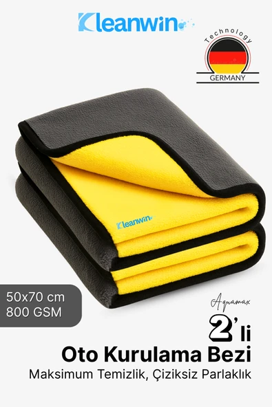 Kleanwin AquaMax 2’li Set 50x70 cm Mikrofiber 800 GSM Oto Kurulama Havlusu – Çift Katlı Ultra Emici Havlu ürün görseli 1