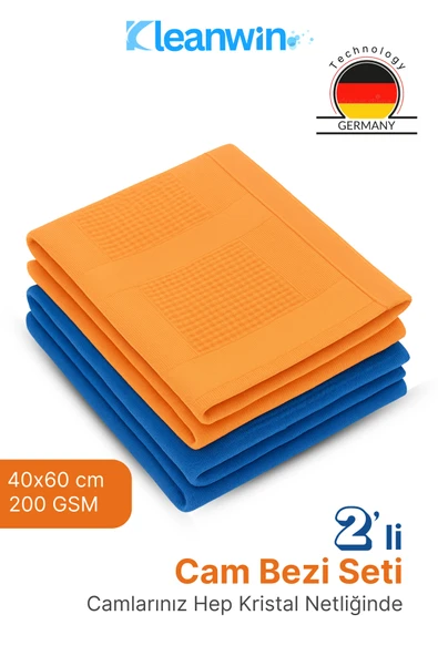 Kleanwin Shine 2’li 40x60Cm Mikrofiber Cam Bezi Seti – Mavi ve Turuncu, Ev ve Araç Cam Temizlik Bezi ürün görseli 1