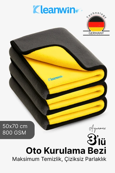 Kleanwin AquaMax 3’lü Set 50x70 cm Mikrofiber 800 GSM Oto Kurulama Havlusu – Çift Katlı Ultra Emici Havlu ürün görseli 1