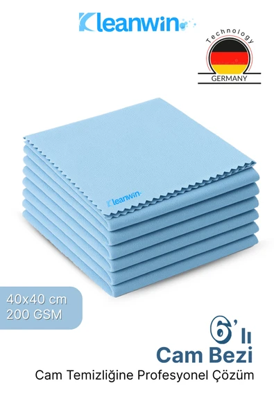 Kleanwin Vista 6'lı Mikrofiber Cam Bezi Seti 40x40 cm, 200 GSM | Açık Mavi Renk Araç ve Ev Cam Temizlik Bezi ürün görseli 1