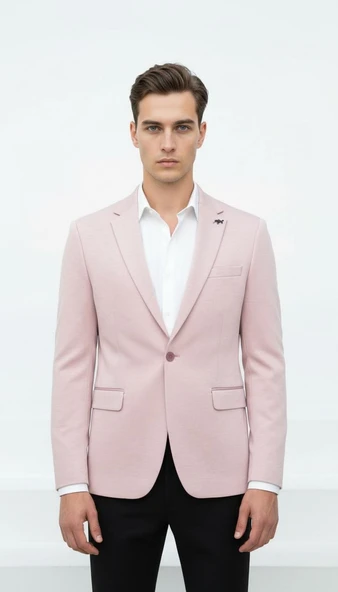 Plus Scorpion Açık Pembe Erkek İtalyan Kesim Blazer Ceket – Kol Yamali, Slim Fit, Şık ve Modern Tasarım ürün görseli 1