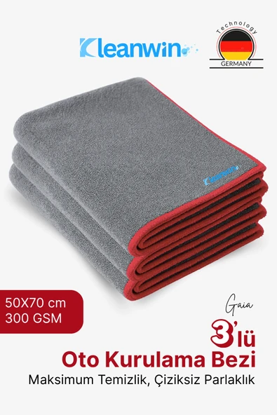 Kleanwin Gaia 3'lü 50x70cm Mikrofiber Kurulama Bezi 300 GSM | Oto Kurulama Havlusu, Araç ve Cam Temizlik Bezi ürün görseli 1