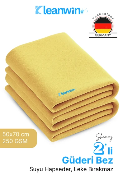 Kleanwin Shammy 2’li Set Gold Güderi Bez | 50x70 cm | 240 GSM | Oto Kurulama Bezi, Emici Araç ve Ev Bezi ürün görseli 1