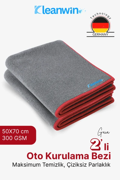 Kleanwin Gaia 2'li 50x70cm Mikrofiber Kurulama Bezi 300 GSM | Oto Kurulama Havlusu, Araç ve Cam Temizlik Bezi ürün görseli 1