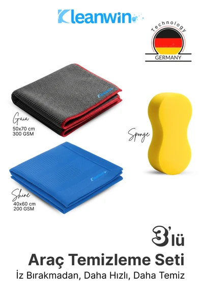 Kleanwin 3’lü Mikrofiber Oto Yıkama Seti | Sünger + Oto Kurulama Bezi + Araba Cam Bezi | Araç Temizleme Seti ürün görseli 1
