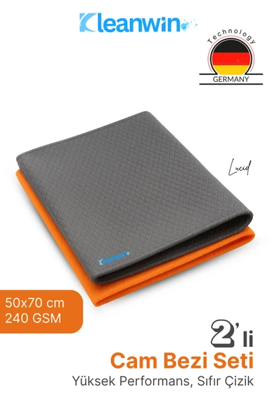 Kleanwin Lucid 2'li Mikrofiber Cam Bezi Seti 50x70 cm 240 GSM | Turuncu ve Gri - Cam Silme ve Kurulama Bezi ürün görseli 1