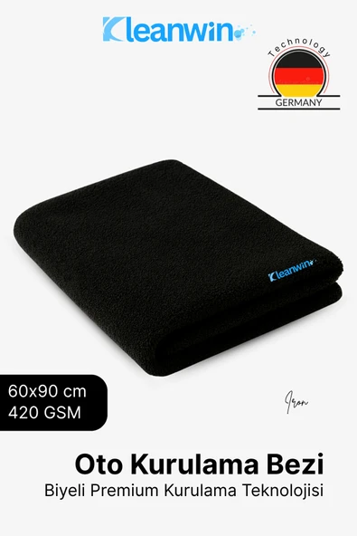 Kleanwin Iron 60x90Cm Mikrofiber Kurulama Bezi 420 GSM Siyah Biyeli Premium Oto Kurulama Havlusu ürün görseli 1
