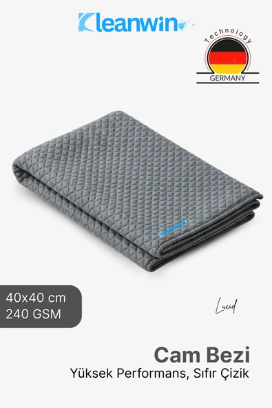 Kleanwin Lucid Mikrofiber Araba Cam Bezi 40x40 cm – Gri, İz Bırakmaz Cam Silme ve Kurulama Bezi ürün görseli 1