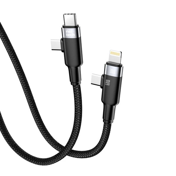 Nettech NT-DC45 60W+30W Plastik 100 Cm Type-C To Type-C+Lightning Şarj ve Data Kablosu NT-108316 ürün görseli 1