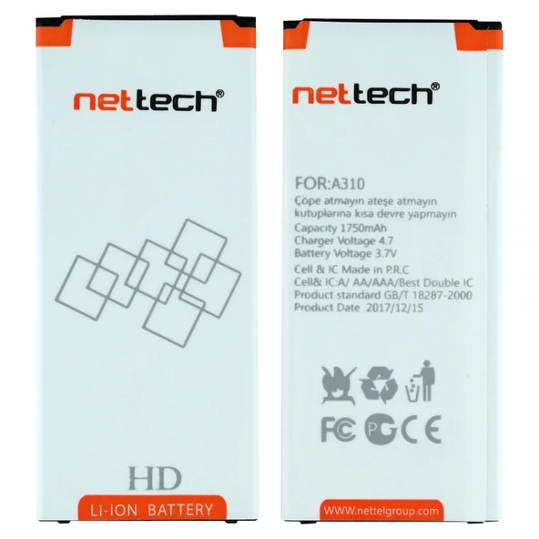 Teknonet Samsung Galaxy A310 A3 2016 Uyumlu Nettech 1700 MAh Batarya NT-14700 ürün görseli 1