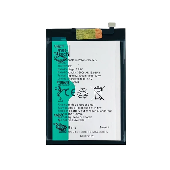 Teknonet İnfinix Smart 4 Uyumlu Nettech BL-39LT 4000 MAh Batarya NT-113078 ürün görseli 1