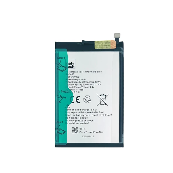 Teknonet Tecno Pova Uyumlu Nettech BL-58BT 6000 MAh Batarya NT-113055 ürün görseli 1