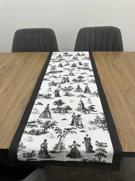 Toile De Jouy Paris Runner 40x110 cm | %100 Pamuk Dijital Baskılı Masa Örtüsü | Klasik Fransız Tarzı Masa Dekoru - ZT700  siyah ürün görseli 1