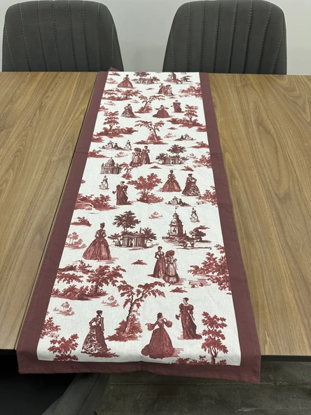 Toile De Jouy Paris Runner 40x110 cm | %100 Pamuk Dijital Baskılı Masa Örtüsü | Klasik Fransız Tarzı Masa Dekoru - ZT700  Kırmızı ürün görseli 1