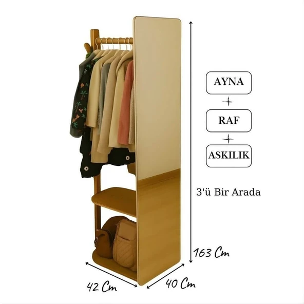 Ayna + Askılık + Raf | 3’ü Bir Arada Fonksiyonel Tasarım | Kayın Kontrplak Sağlamlığı ürün görseli 1
