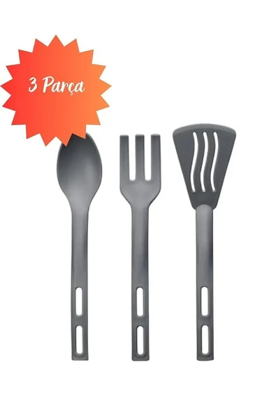 3lü Mini Plastik Spatula Kaşık Çatal Servis Seti Takımı Gri ürün görseli 1