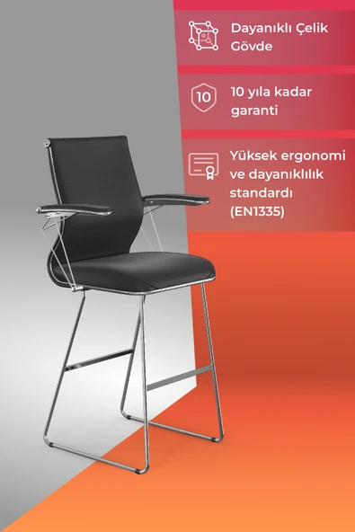 Metta Ergolife Sit 10 Sandalye | Krom Ayaklı, Deri Kaplama, Siyah, Bar Sandalyesi -178.22.1.778 ürün görseli 1