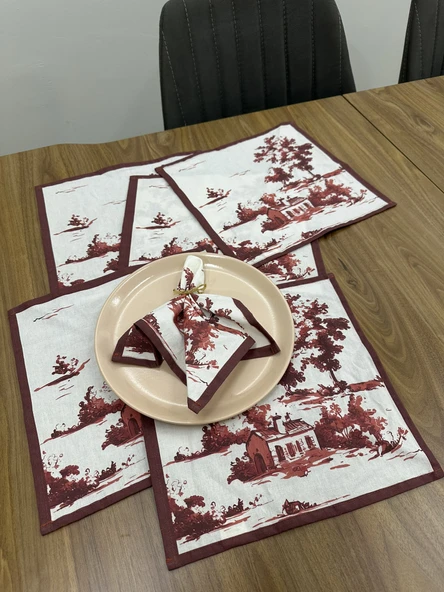 Toile De Jouy Monet Amerikan Servis 6’lı Set | 30x30 cm | %100 Pamuk Dijital Baskılı | Country Tarzı Fransız Masa Dekoru - ZT730  Kırmızı ürün görseli 1