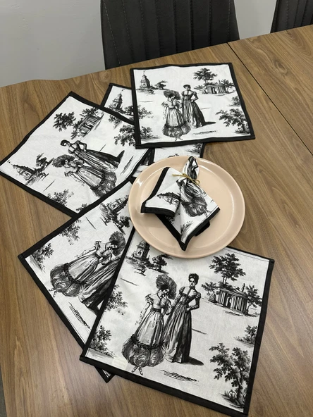 Toile De Jouy Paris Amerikan Servis 6’lı Set | 30x30 cm | %100 Pamuk Dijital Baskılı | Klasik Fransız Tarzı Masa Dekoru - ZT720  siyah ürün görseli 1