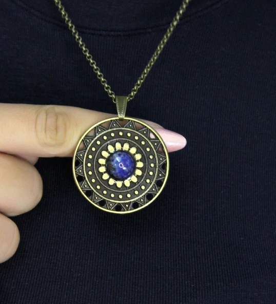 Doğal Taş Lapis Doğal Taşlı Yuvarlak Model Antik Kadın Kolye euk46lps ürün görseli 1