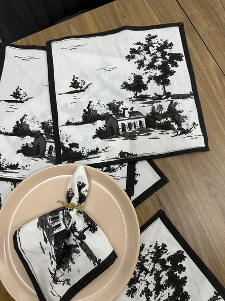 Toile De Jouy Monet Amerikan Servis 6’lı Set | 30x30 cm | %100 Pamuk Dijital Baskılı | Country Tarzı Fransız Masa Dekoru - ZT730  siyah ürün görseli 1