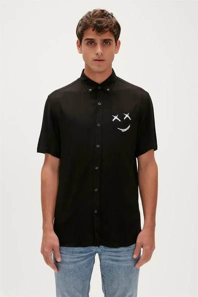 Bad Bear Smile Shirt 23.01.30.004S Siyah Kısa Kollu Baskılı Erkek Gömlek ürün görseli 1