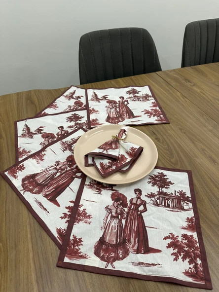 Toile De Jouy Paris Amerikan Servis 6’lı Set | 30x30 cm | %100 Pamuk Dijital Baskılı | Klasik Fransız Tarzı Masa Dekoru - ZT720  Kırmızı ürün görseli 1