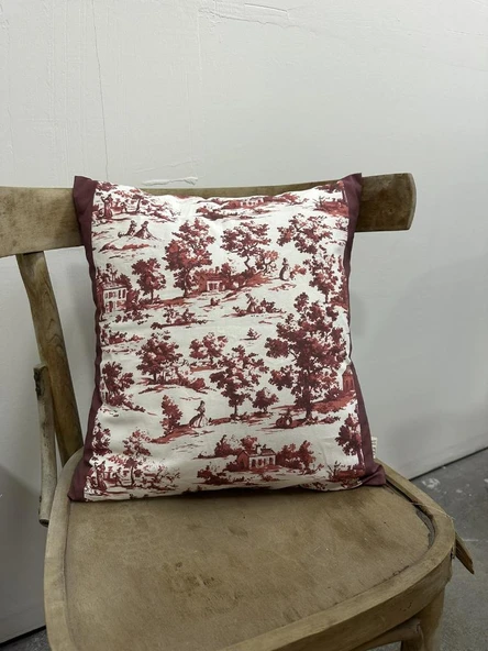 Toile De Jouy Monet Kırlent Kılıfı 43x43 cm | %100 Pamuk Dijital Baskılı | Country Tarzı Fransız Dekoratif Yastık Kılıfı - ZT750  Kırmızı ürün görseli 1
