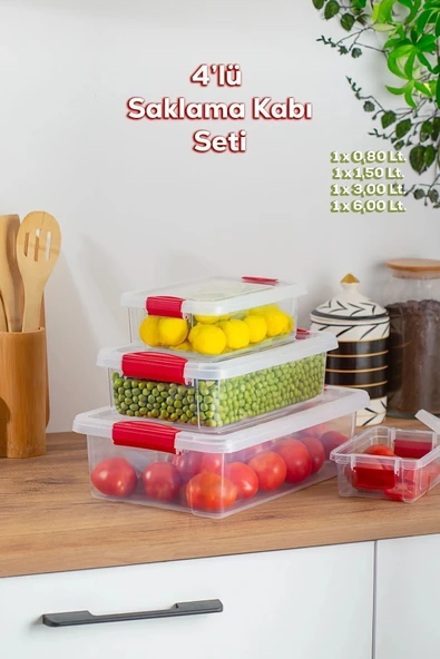 Dikdörtgen 4'lü Sızdırmaz Kapaklı Gıda Erzak Saklama Kabı Seti | Kilitli | BPA Free ürün görseli 1