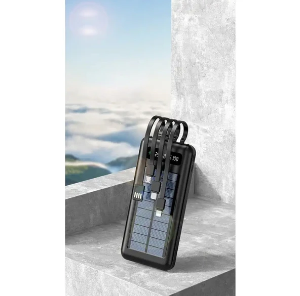 Powerbank10000 Mah Güneş enerjili Göstergeli Powerbank Solar Fenerli Güneş Enerjili Type C - Lightning - Micro USB - USB Kablolu Powerbank Taşınabilir Şarj Aleti Hızlı Şarj Aleti ürün görseli 1